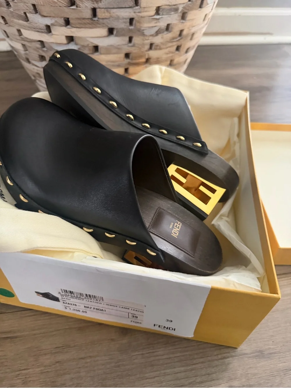Fendi Black Leather Studded Clog Mule with Gold Heel Accent